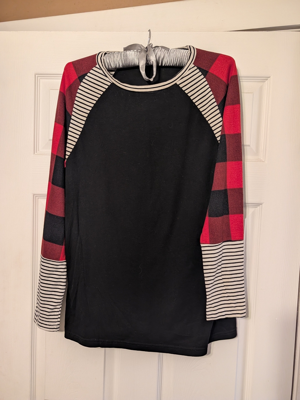 Black Raglan Top with Red Buffalo Plaid Sleeves - Women